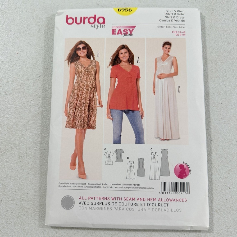 Burda 6956 Super Easy Sewing Pattern Maternity Dress Top Shirt Size 8-20 Uncut